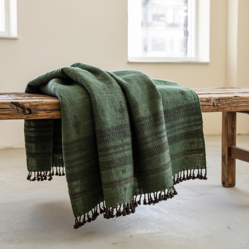 Basil deep green handwoven Indian wool throw blanket