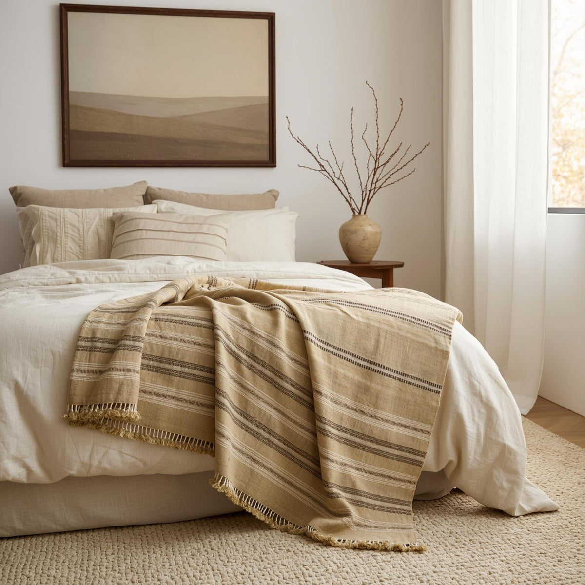 Opal beige tan handwoven Indian wool throw blanket – view 4