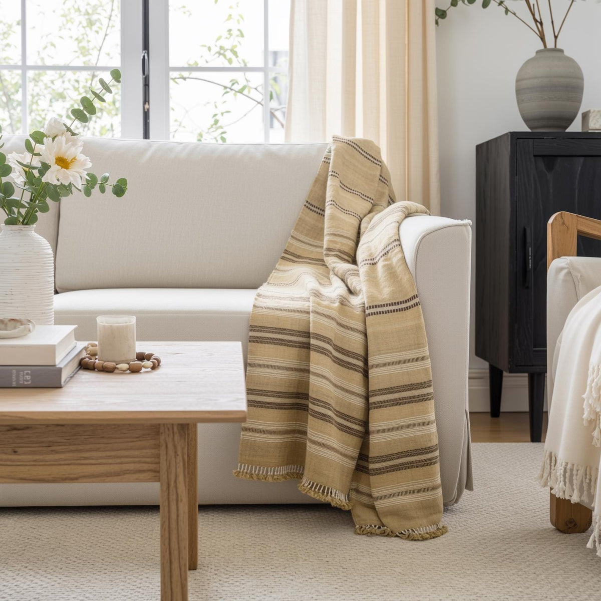 Opal beige tan handwoven Indian wool throw blanket – view 3