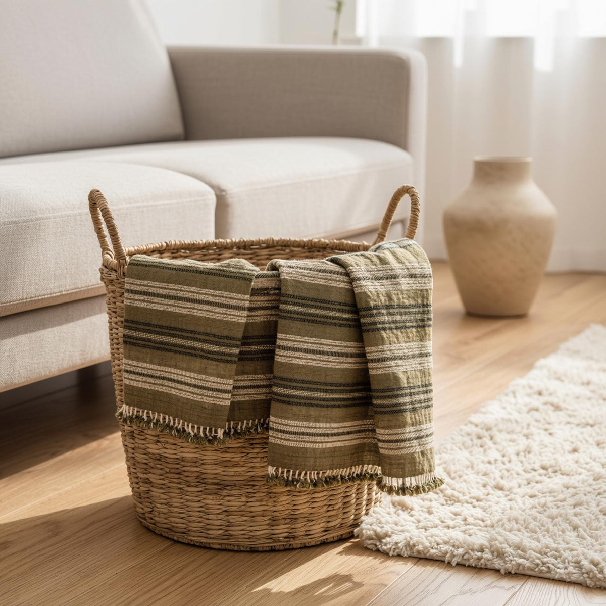 Moss olive striped handwoven Indian wool throw blanket – view 8