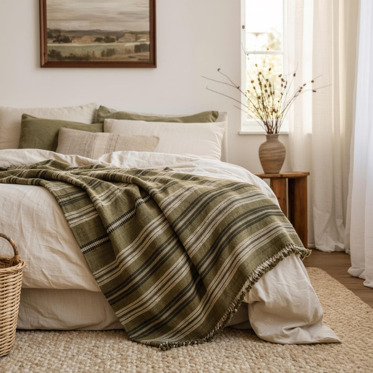 Moss olive striped handwoven Indian wool throw blanket – view 10