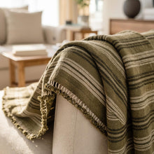 Moss olive striped handwoven Indian wool throw blanket – view 3