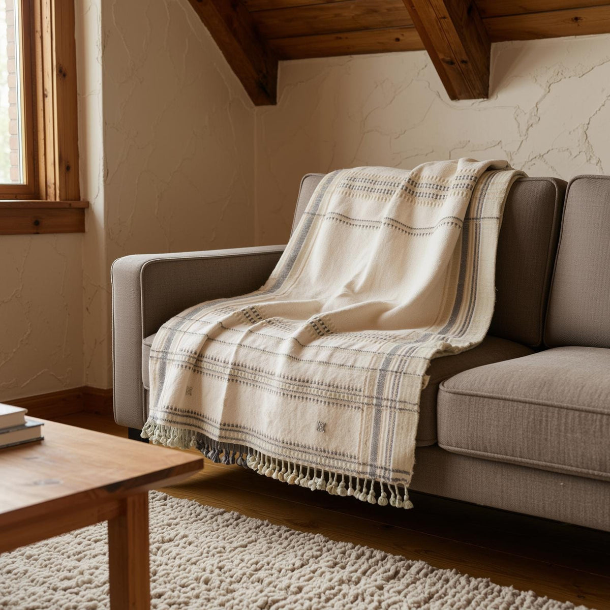 Alabaster off white handwoven Indian wool throw blanket – view 4