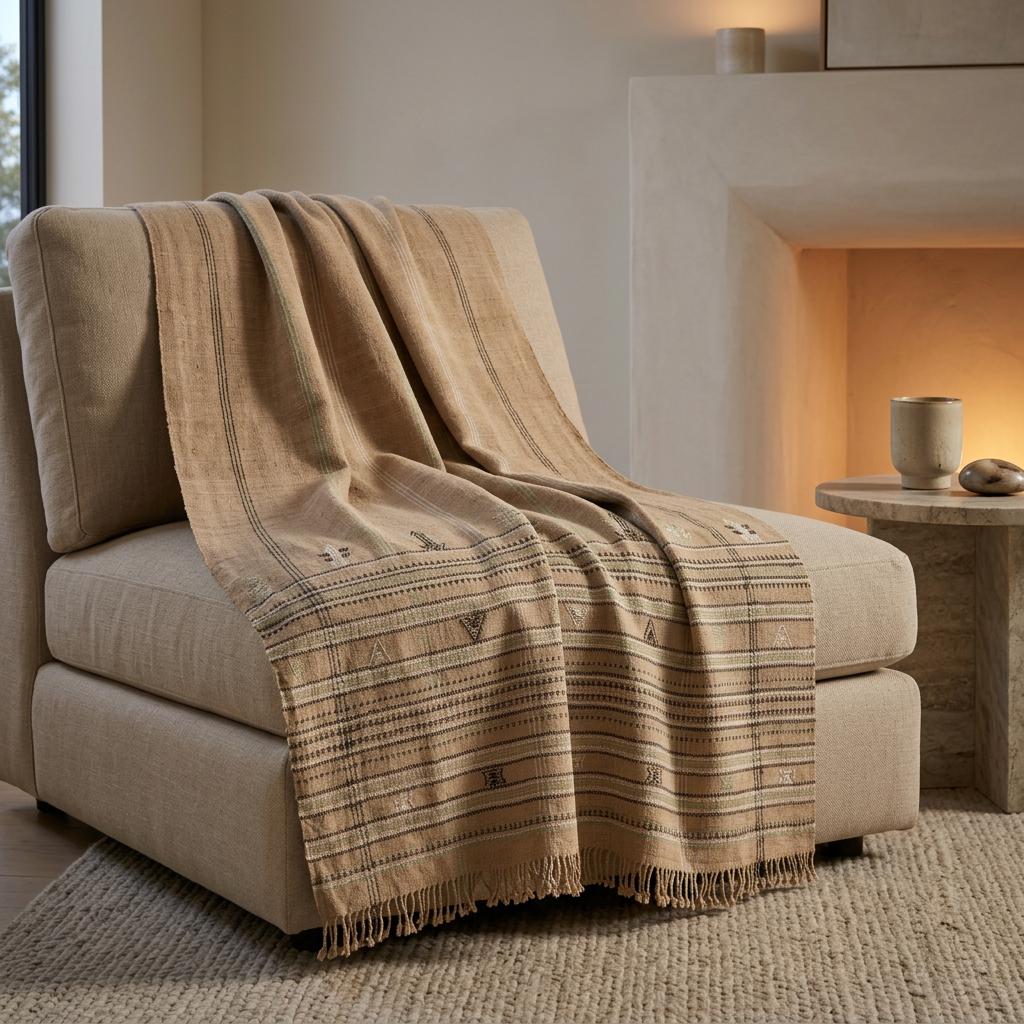 Ruby tan handwoven Indian wool throw blanket – view 6