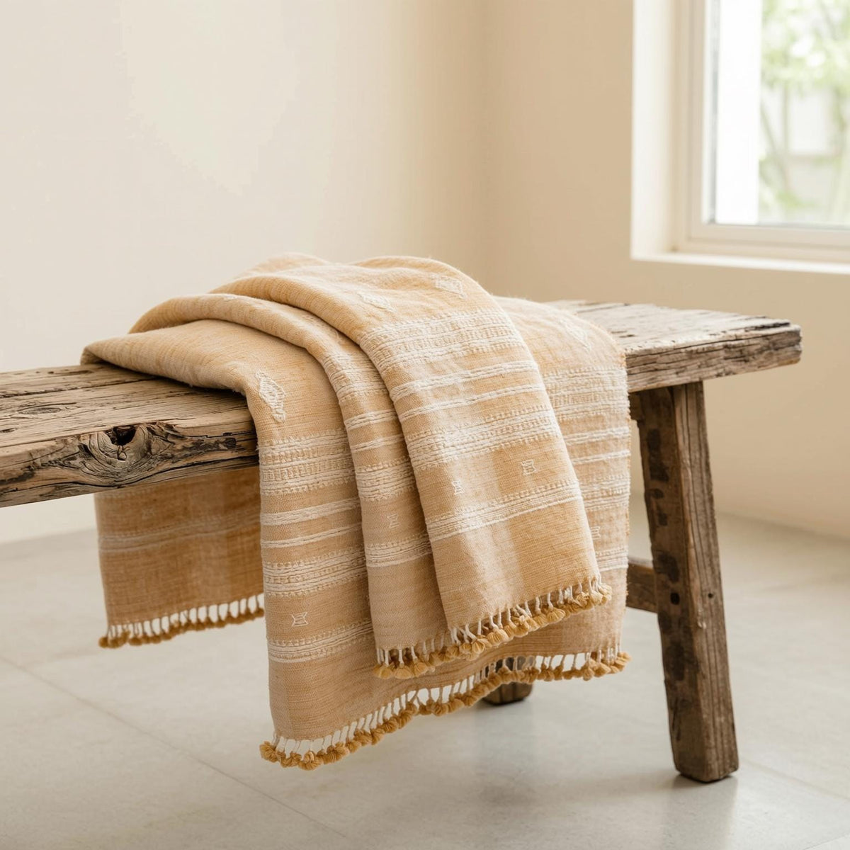 Amber orange tan handwoven Indian wool throw blanket