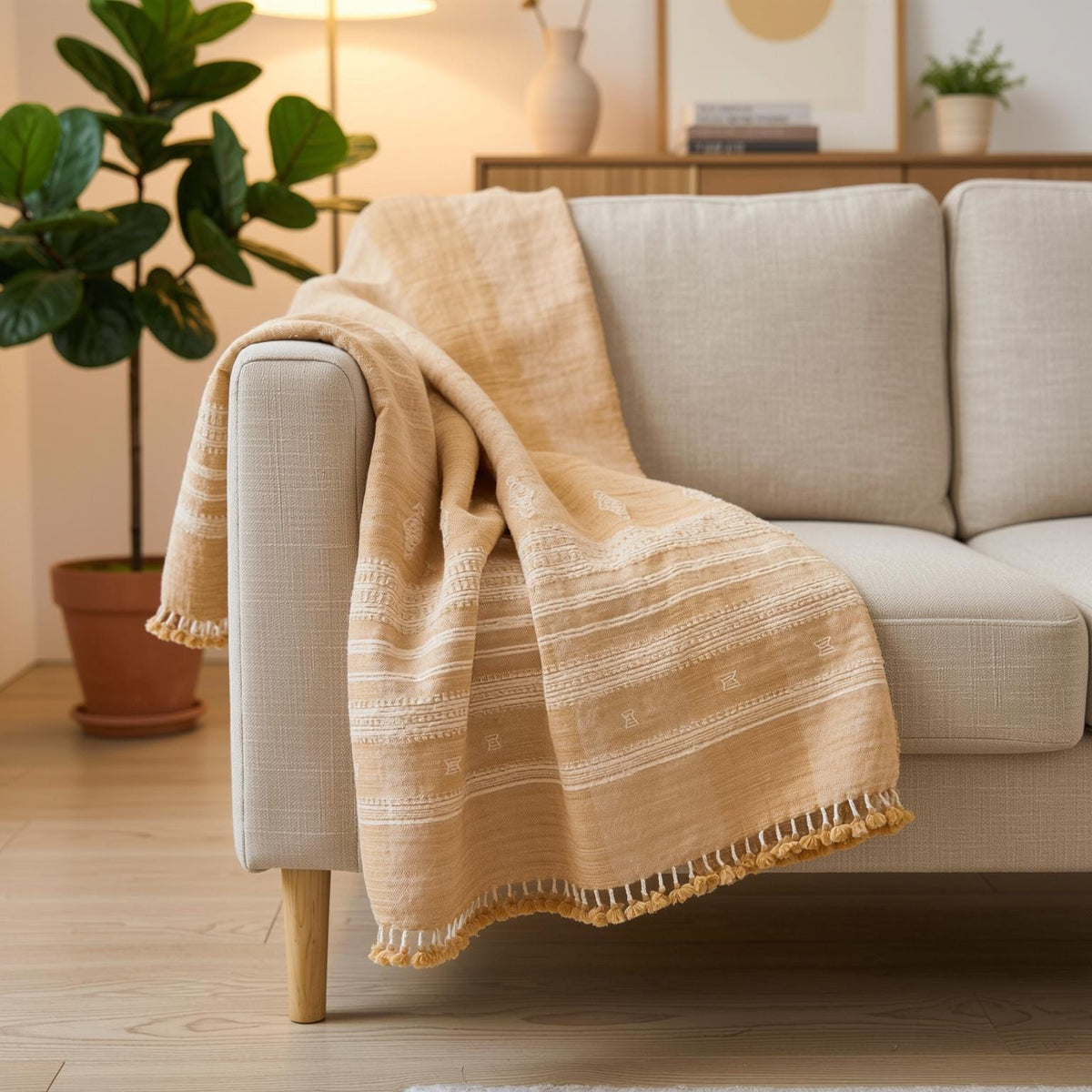 Amber orange tan handwoven Indian wool throw blanket – view 9