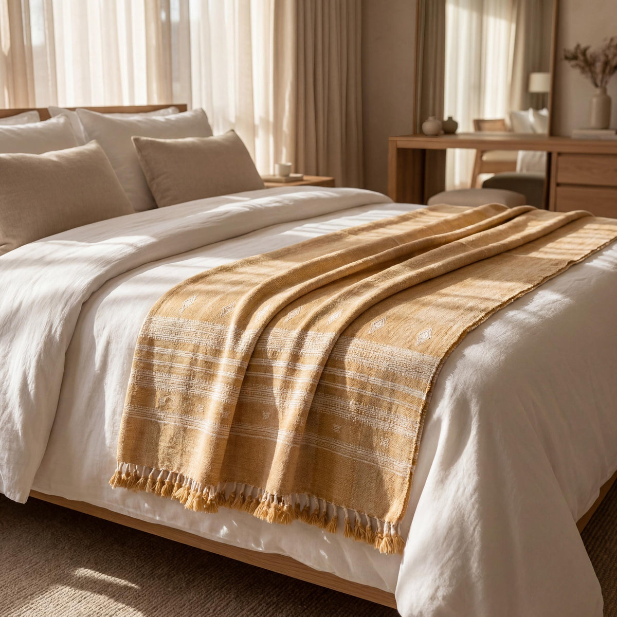 Amber orange tan handwoven Indian wool throw blanket – view 3