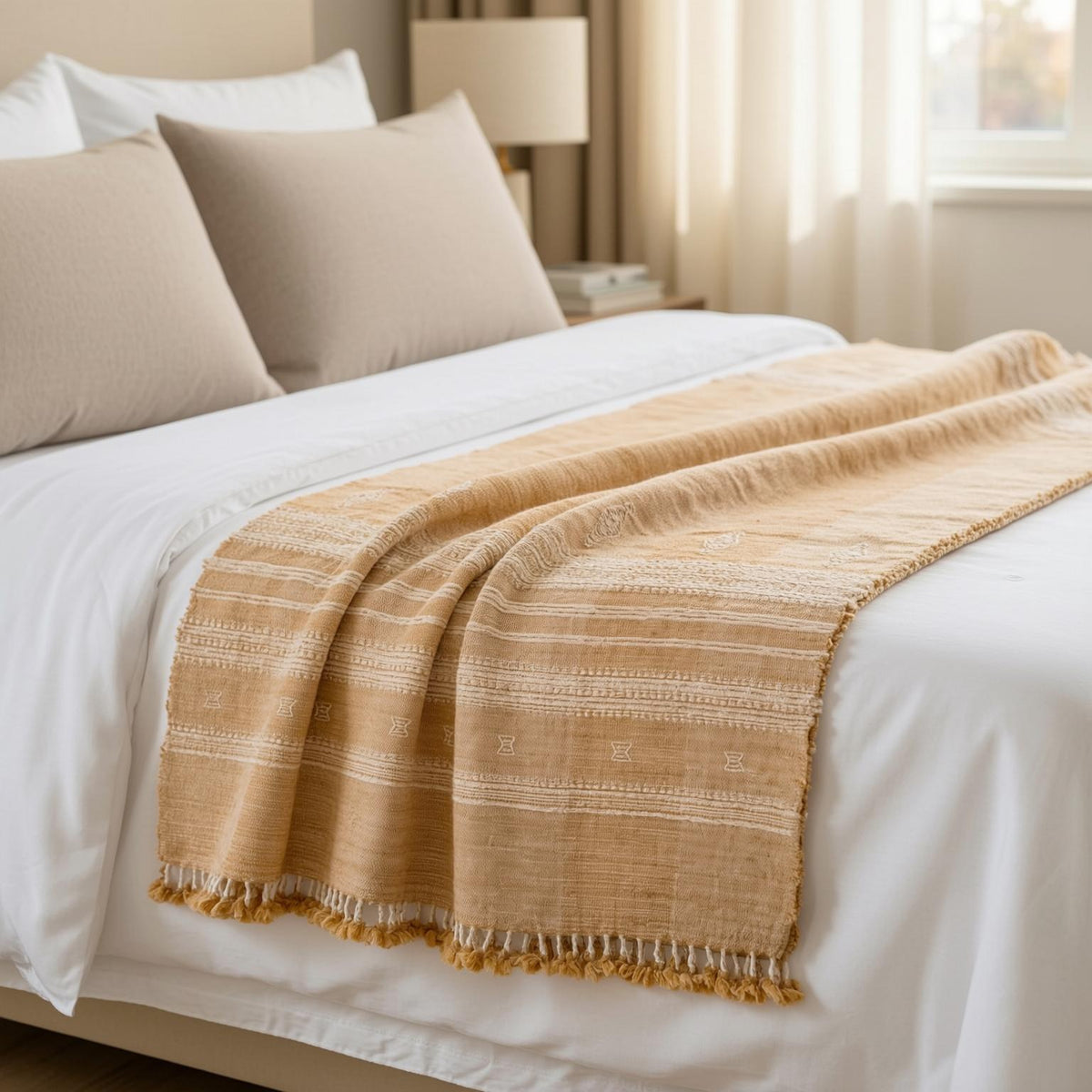 Amber orange tan handwoven Indian wool throw blanket – view 7