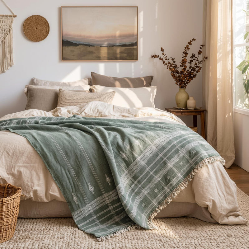 Emerald soft green handwoven Indian wool throw blanket – view 2