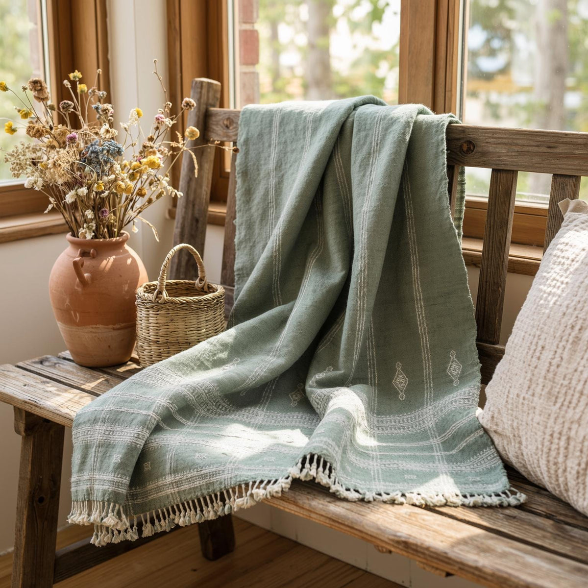Emerald soft green handwoven Indian wool throw blanket – view 6