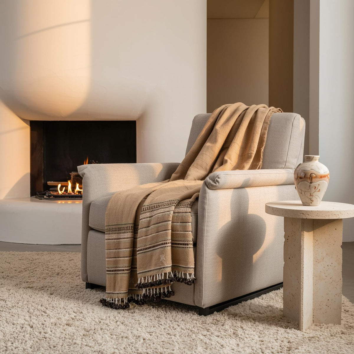 Pravala orange tan handwoven Indian wool throw blanket – view 8