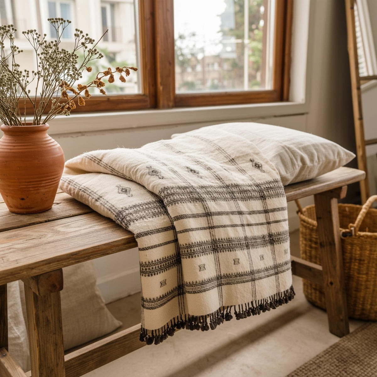 Pearl off white handwoven Indian wool throw blanket
