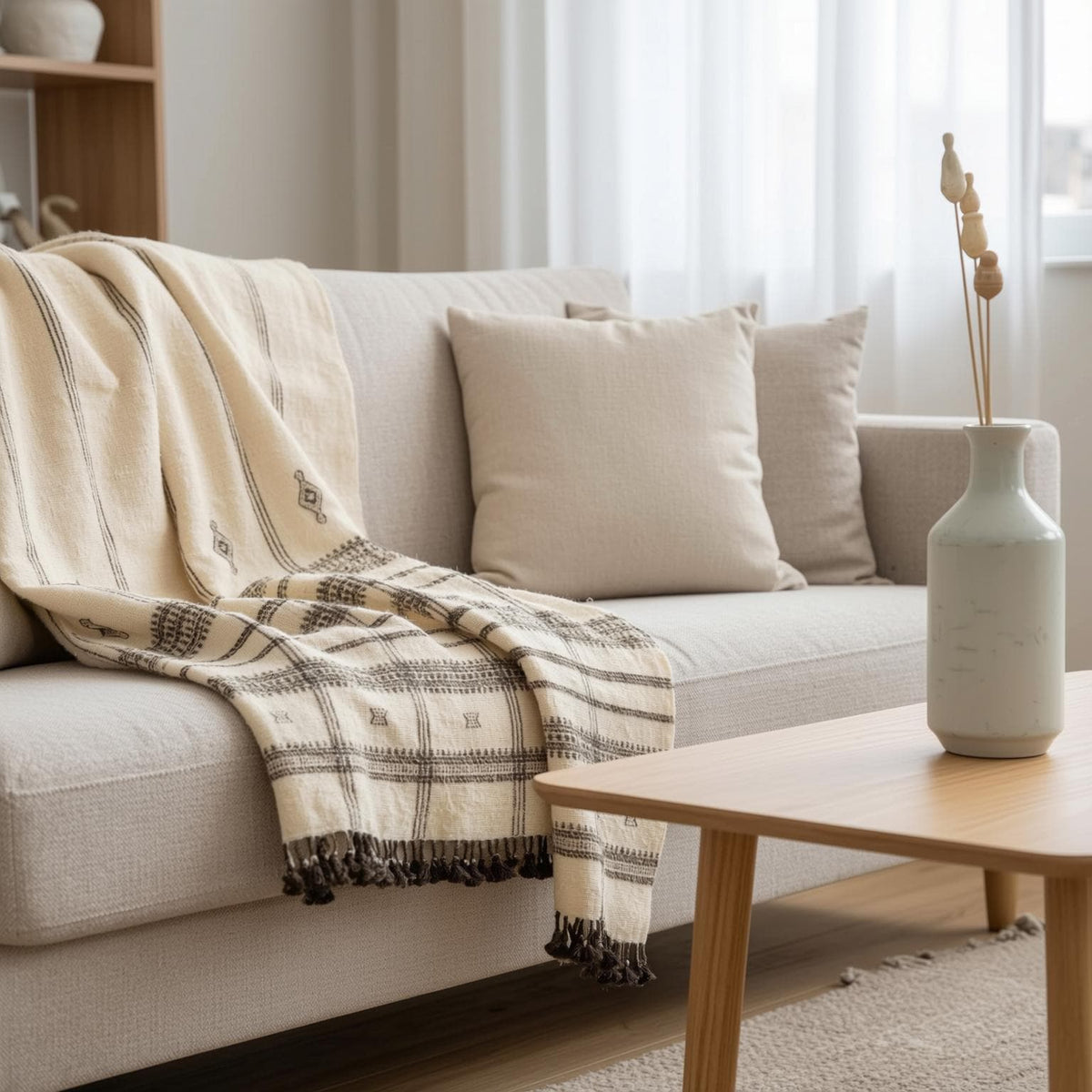 Pearl off white handwoven Indian wool throw blanket – view 11