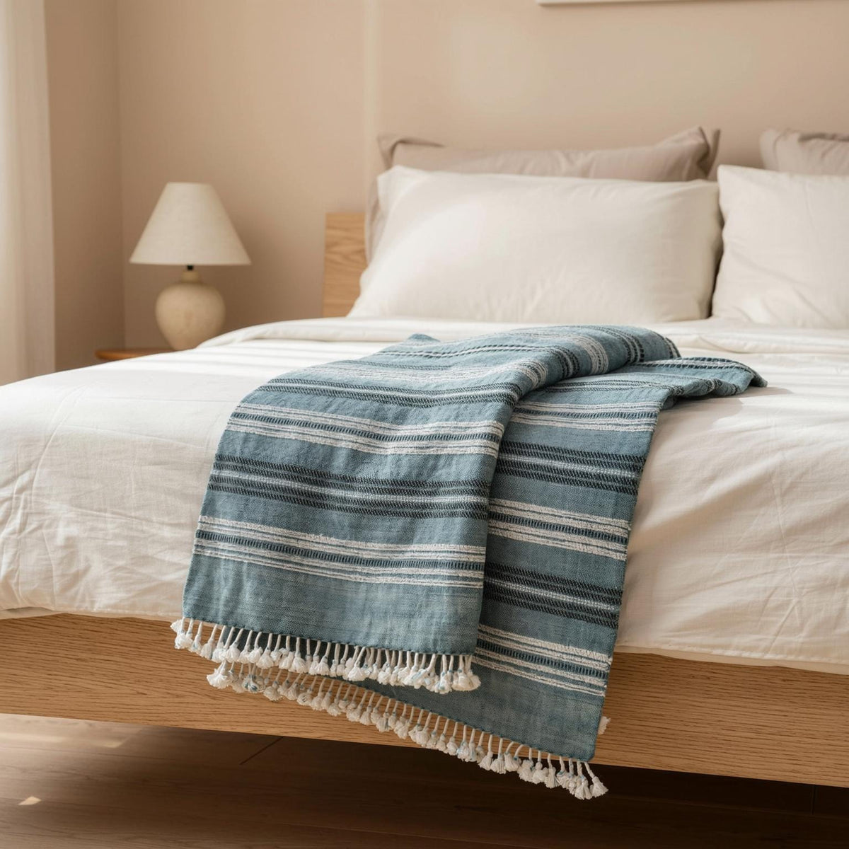 Sapphire teal blue striped handwoven Indian wool throw blanket – view 6