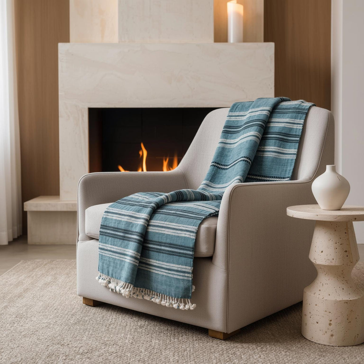 Sapphire teal blue striped handwoven Indian wool throw blanket – view 4