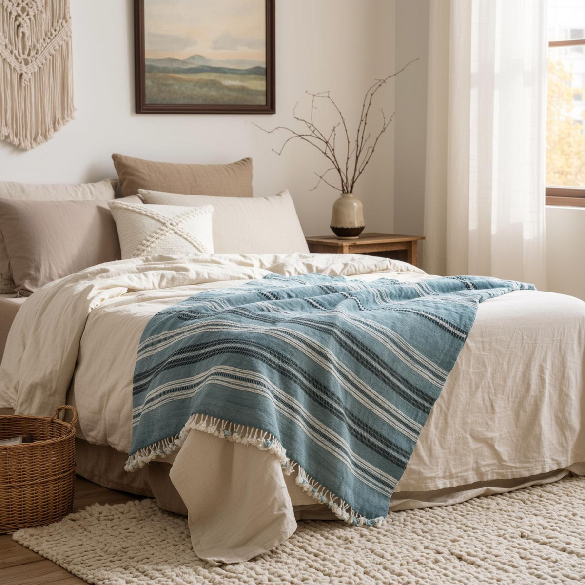 Sapphire teal blue striped handwoven Indian wool throw blanket – view 5