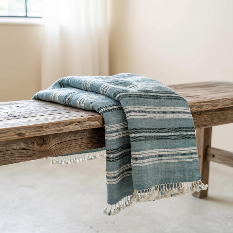 Sapphire teal blue striped handwoven Indian wool throw blanket