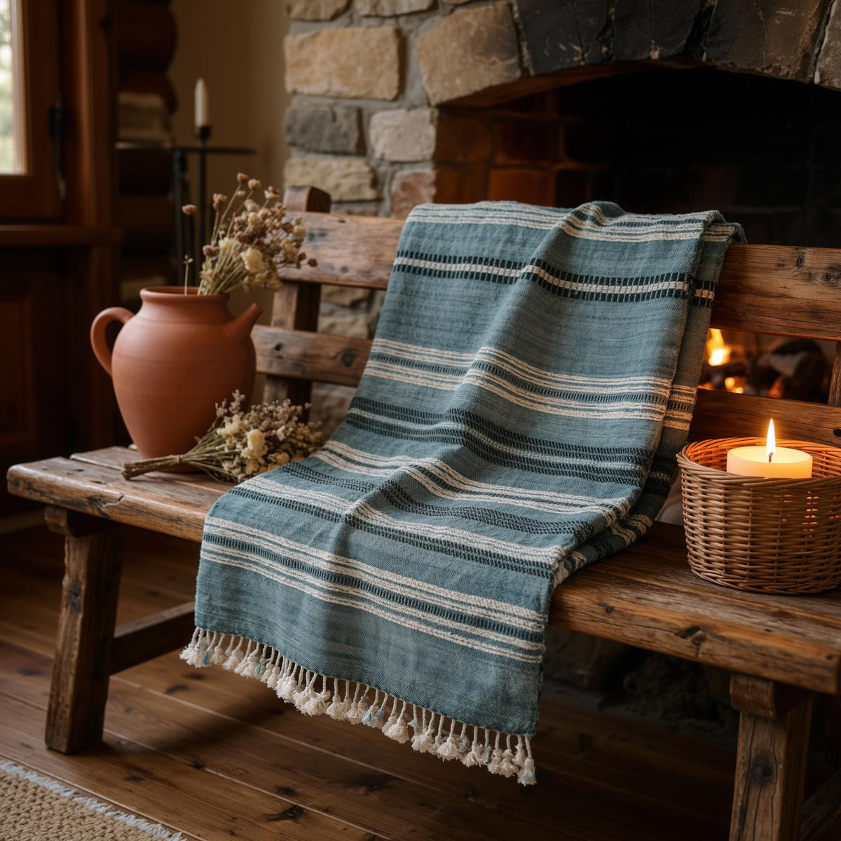 Sapphire teal blue striped handwoven Indian wool throw blanket – view 3