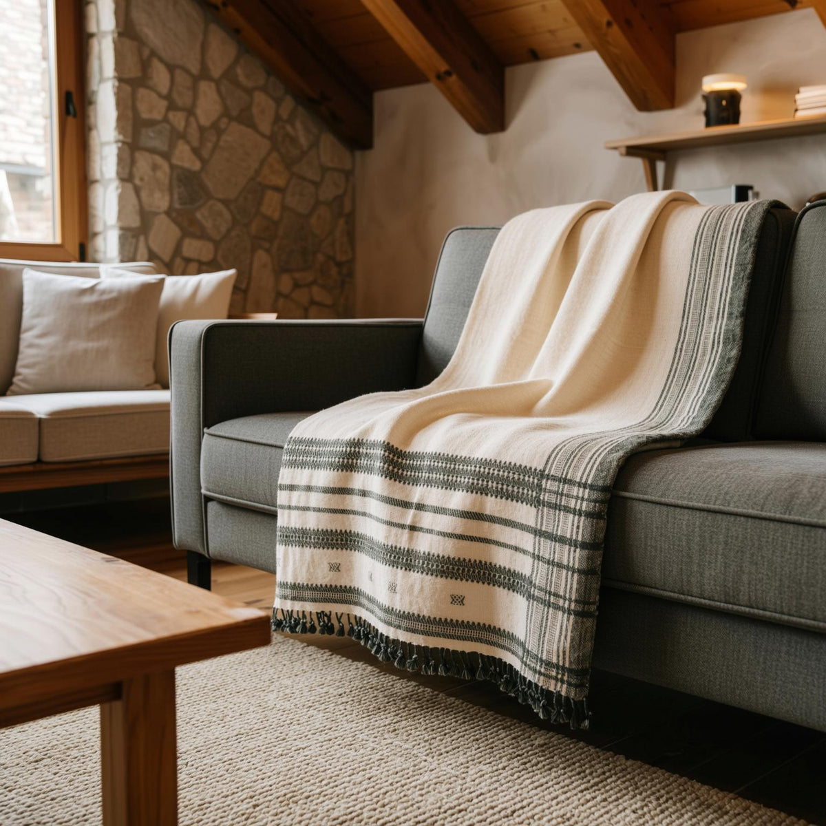Solitaire white handwoven Indian wool throw blanket – view 10