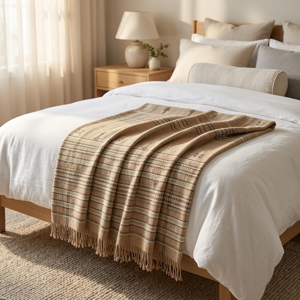 Ruby tan handwoven Indian wool throw blanket – view 3