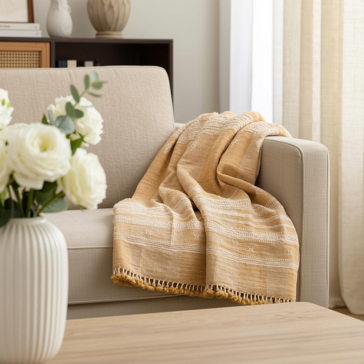 Amber orange tan handwoven Indian wool throw blanket – view 12