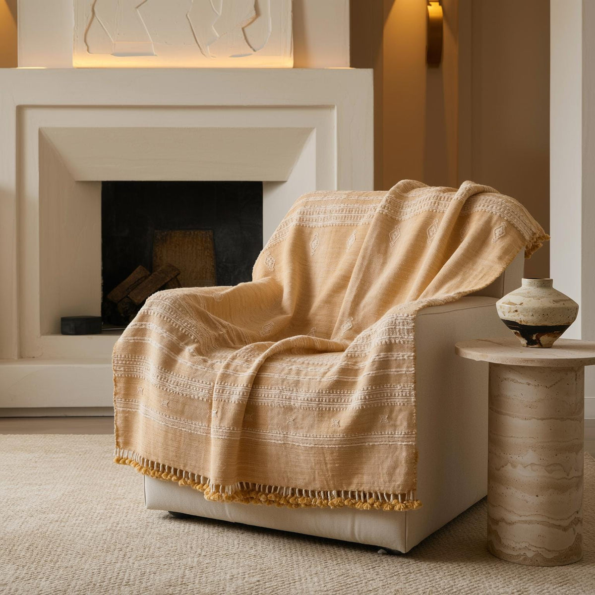 Amber orange tan handwoven Indian wool throw blanket – view 10