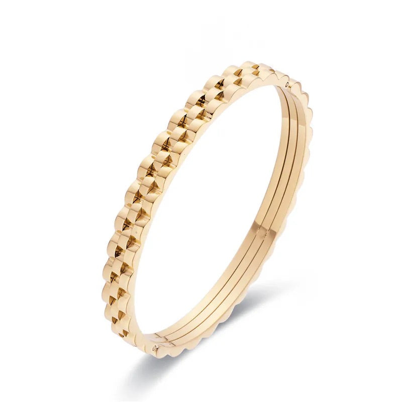 Gold Watch Band Bangle with structured strap-inspired design