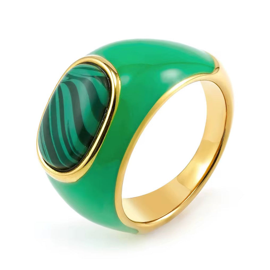 Malachite Enamel Signet Ring with green enamel finish on white background