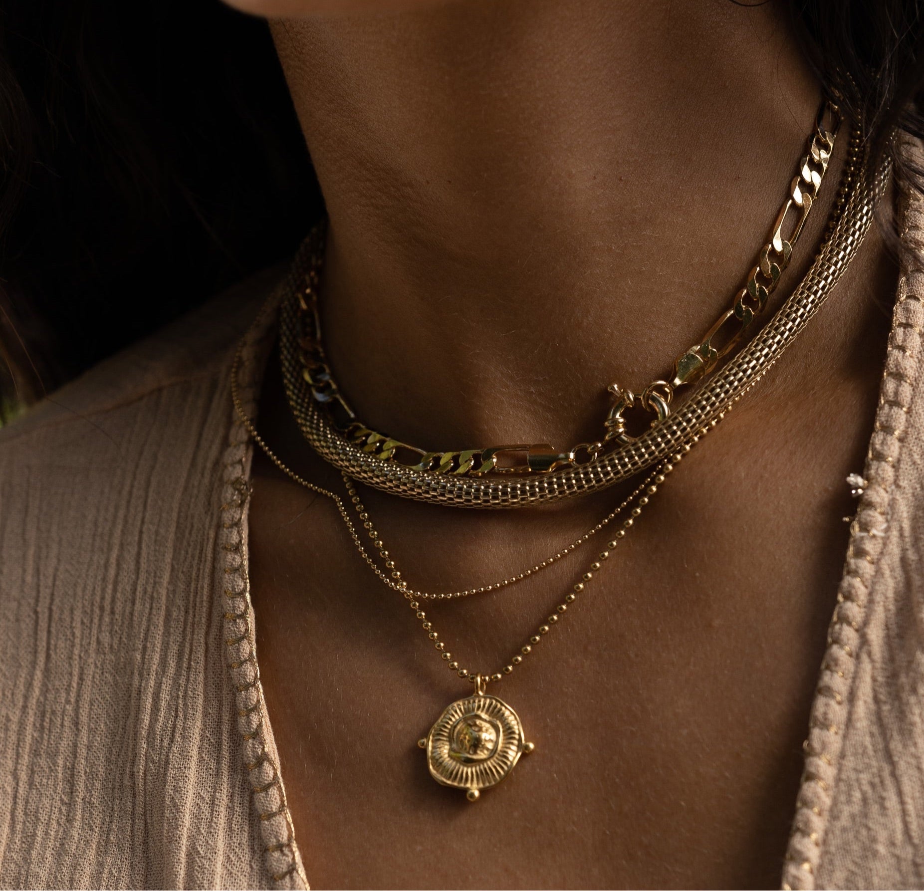 Close-up of textured mesh choker necklace