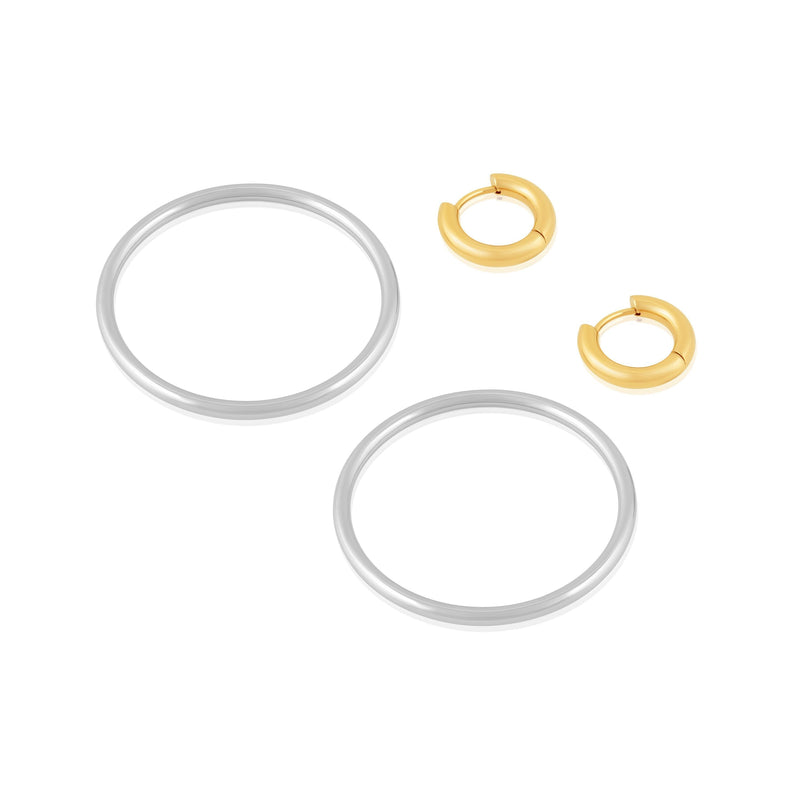 27mm gold hoop and 50mm silver hoop earrings together