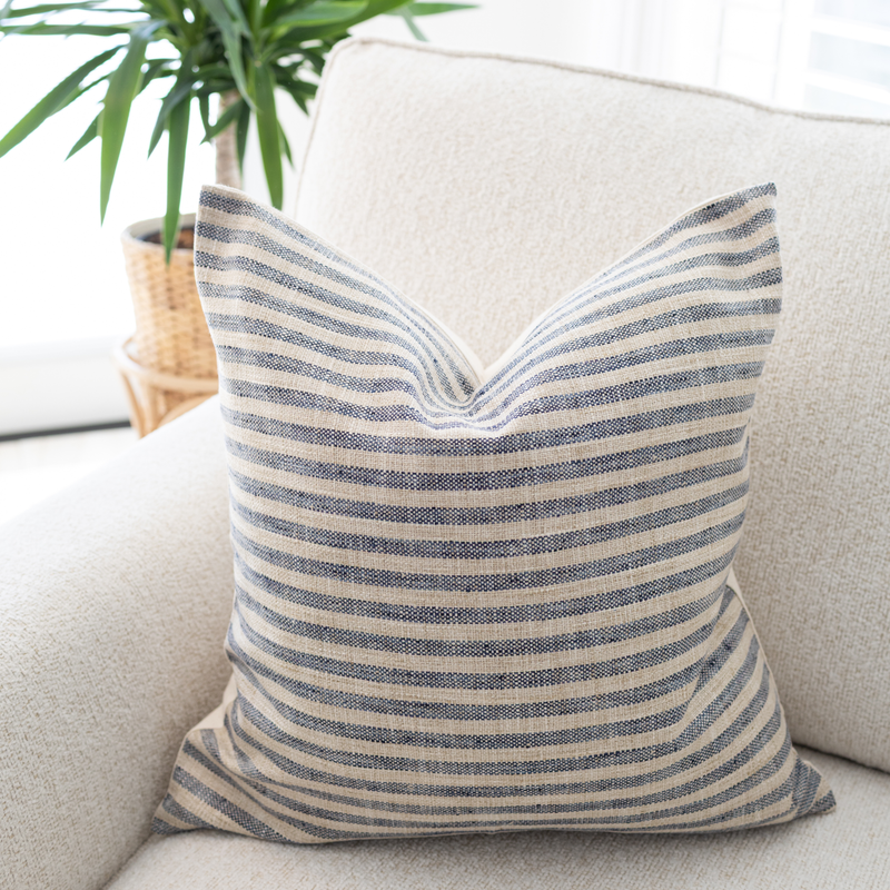 Sanford beige and denim blue stripe pillow cover, view 2