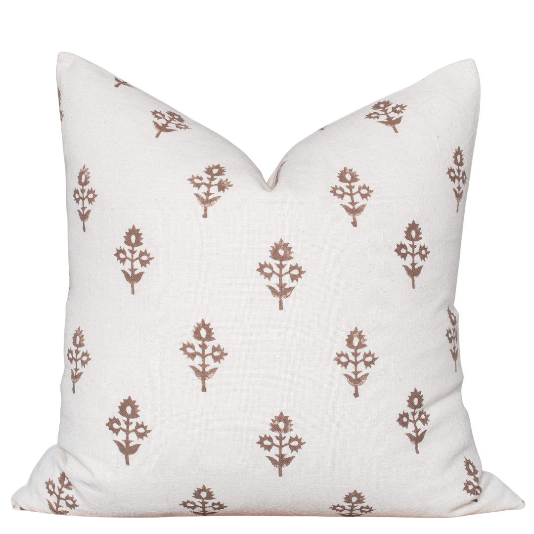 Mia Floral Block Printed Pillow Cover | Brown