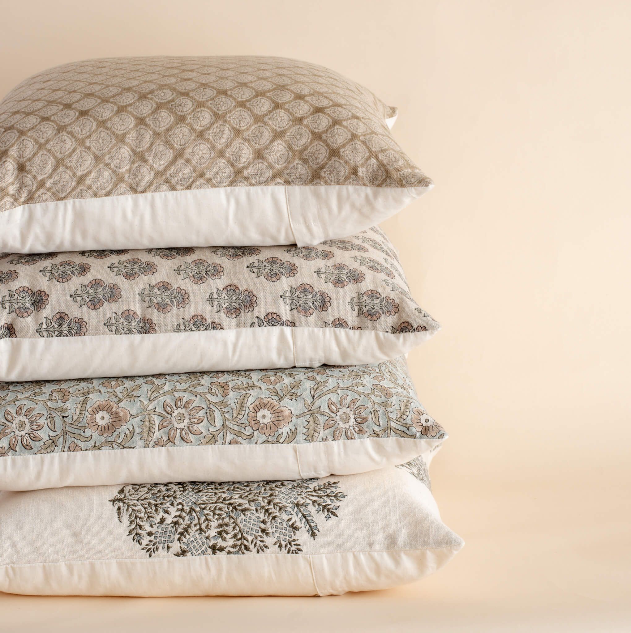 Milena Floral Block Printed Pillow Cover | Blue, Green, Light Brown