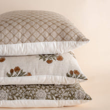 Neutral pillow combination with the Leila olive green block print pillow