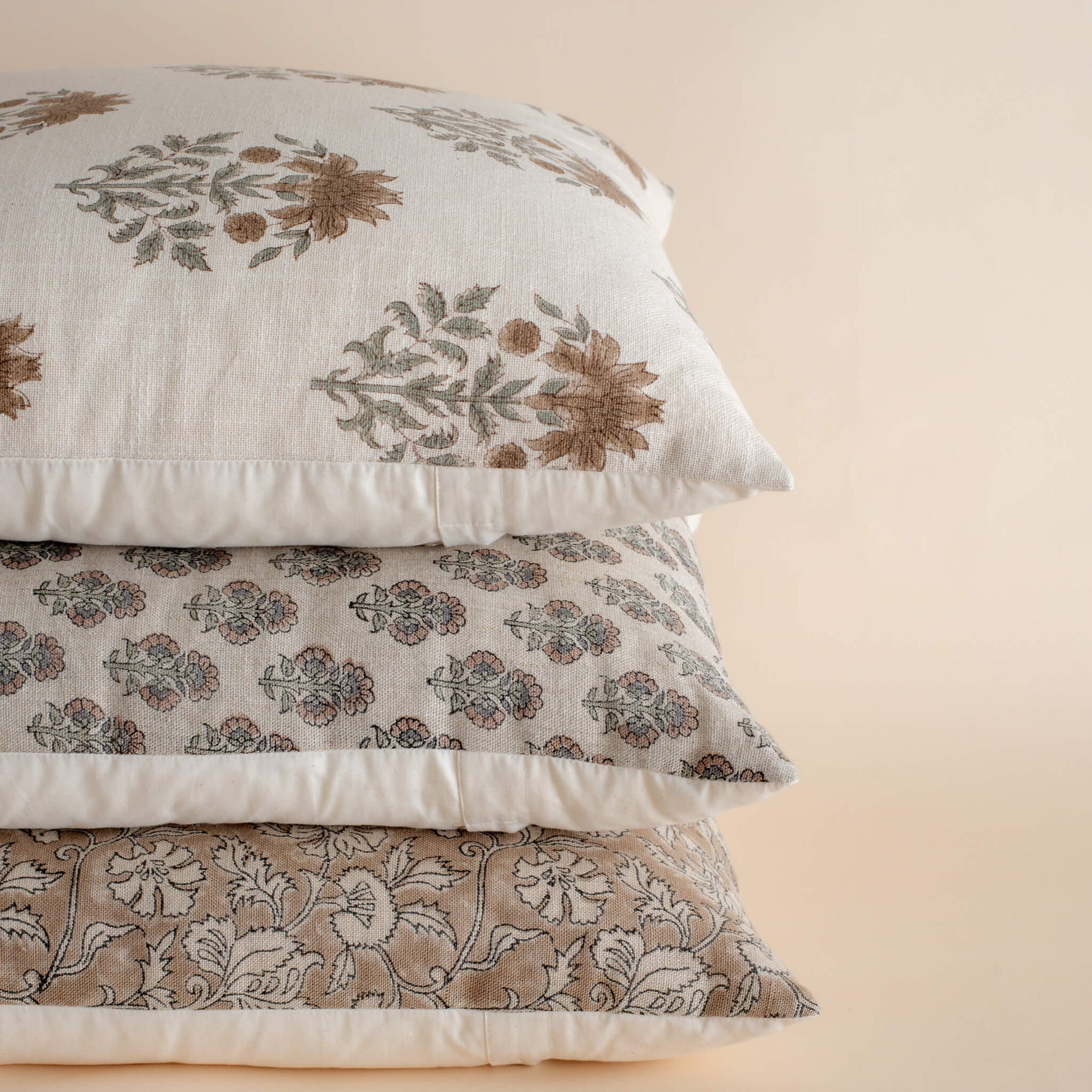 Veda Floral Block Printed Pillow Cover | Brown, Green