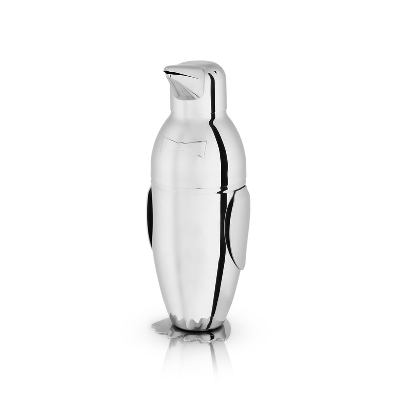 Stainless steel penguin cocktail shaker with bow-tie design