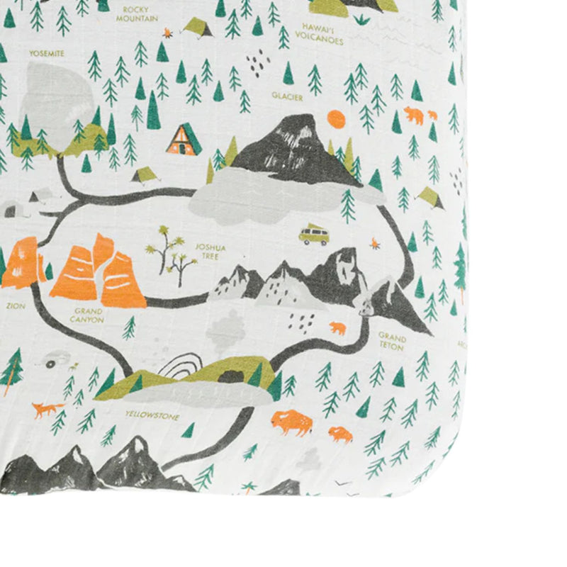 National Parks crib sheet with hand-painted park illustrations