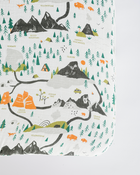 Close-up of colorful National Parks pattern on muslin fabric