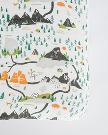 Close-up of colorful National Parks pattern on muslin fabric