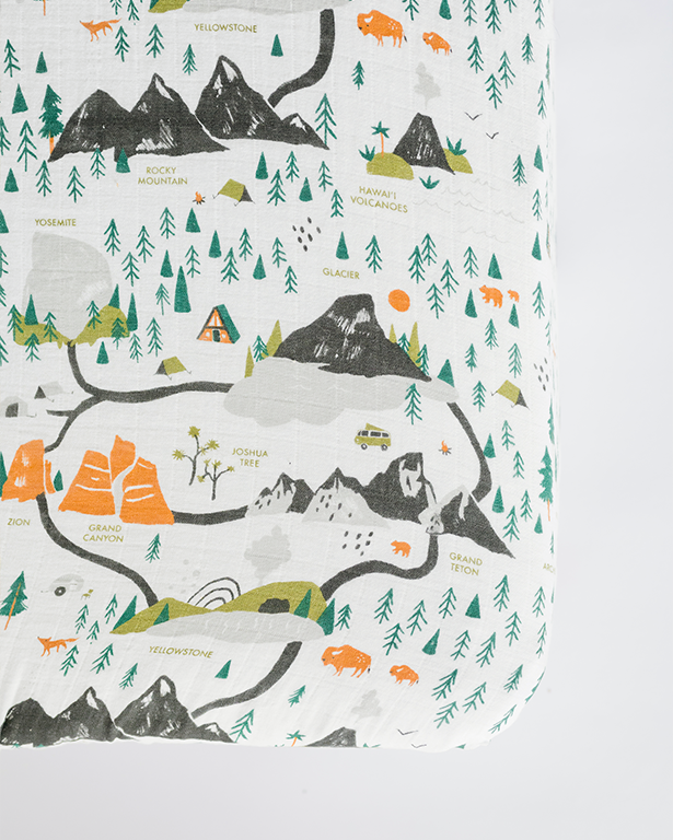 Close-up of colorful National Parks pattern on muslin fabric