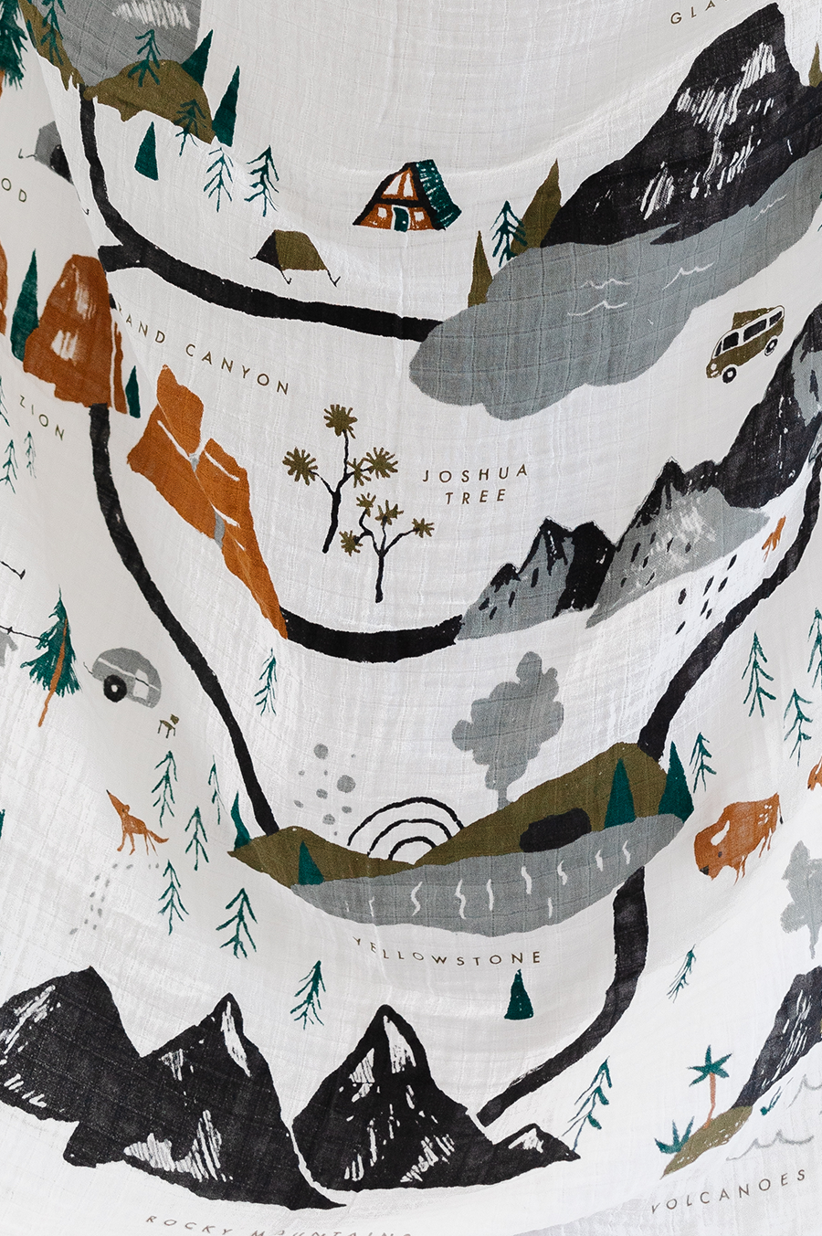 47x47 cotton muslin swaddle folded to show National Parks print