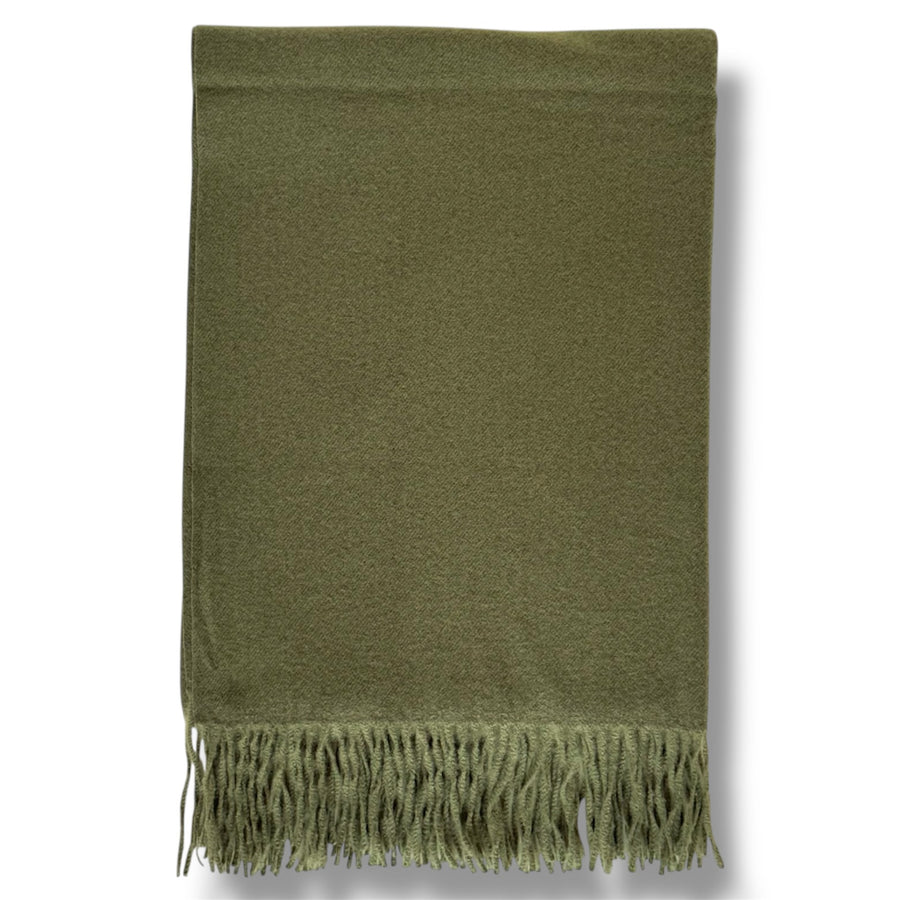 Soft olive green fringe throw blanket, full view