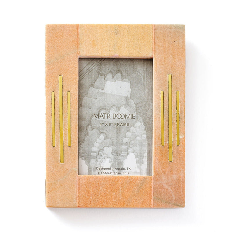 Handcrafted pink marble picture frame with brass inlay