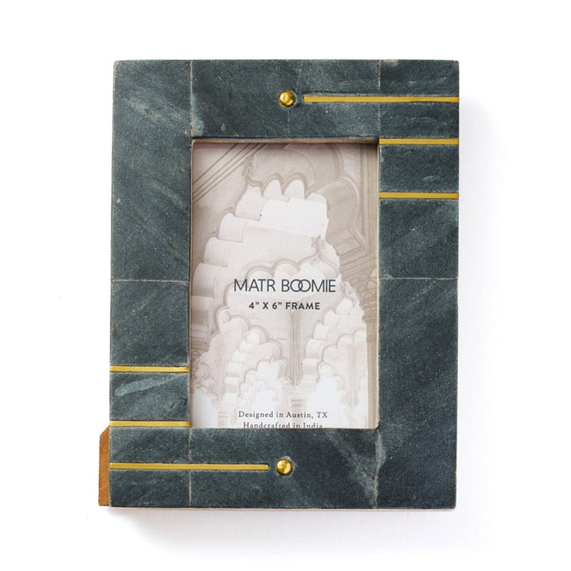 Black marble picture frame with gold brass inlay accents