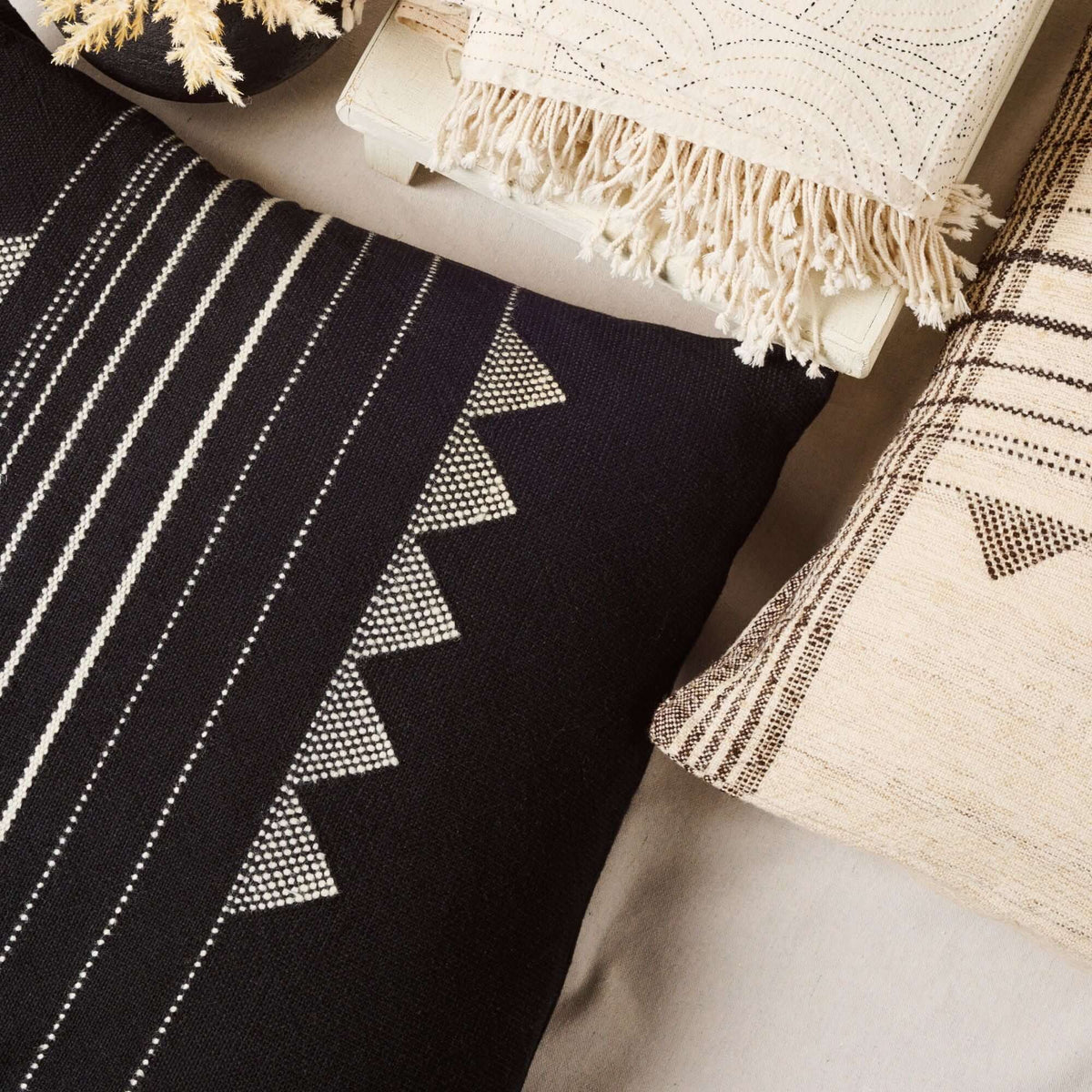 Kora Black large handloom artisanal pillow cover, 24x24 – One Affirmation