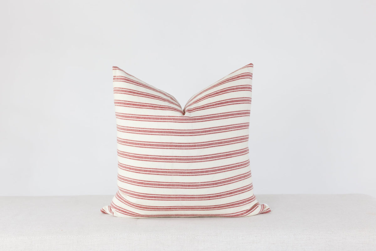 Scarlett red and cream ticking stripe pillow cover, view 2