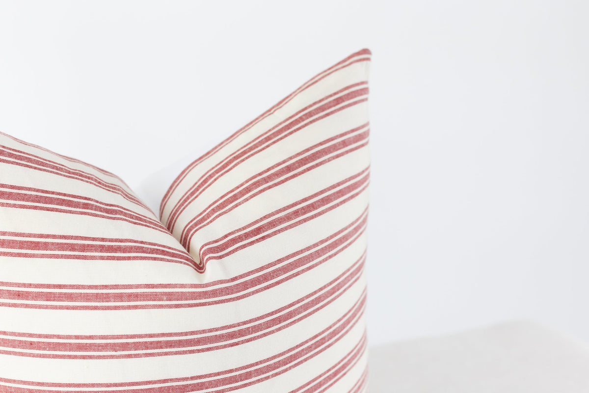 Scarlett red and cream ticking stripe pillow cover, view 3