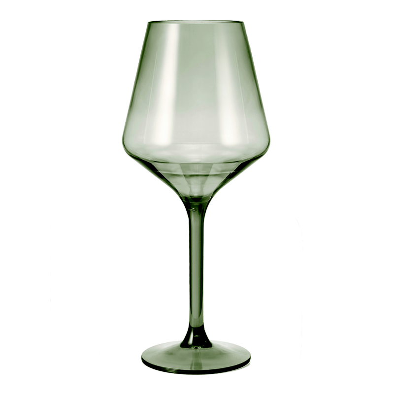 Close-up of emerald green acrylic wine glass with rosé