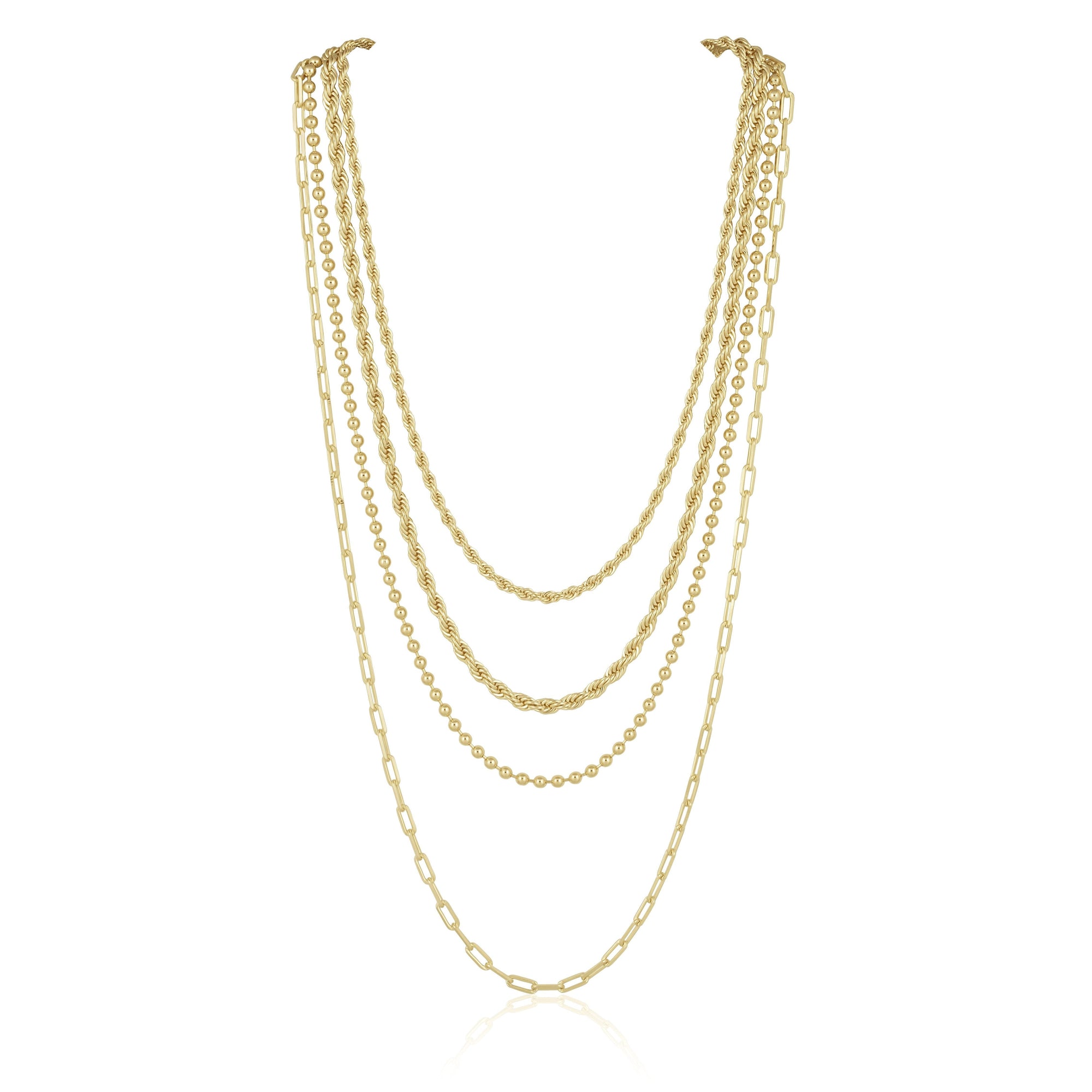 Rope chain necklace layered with other gold chains