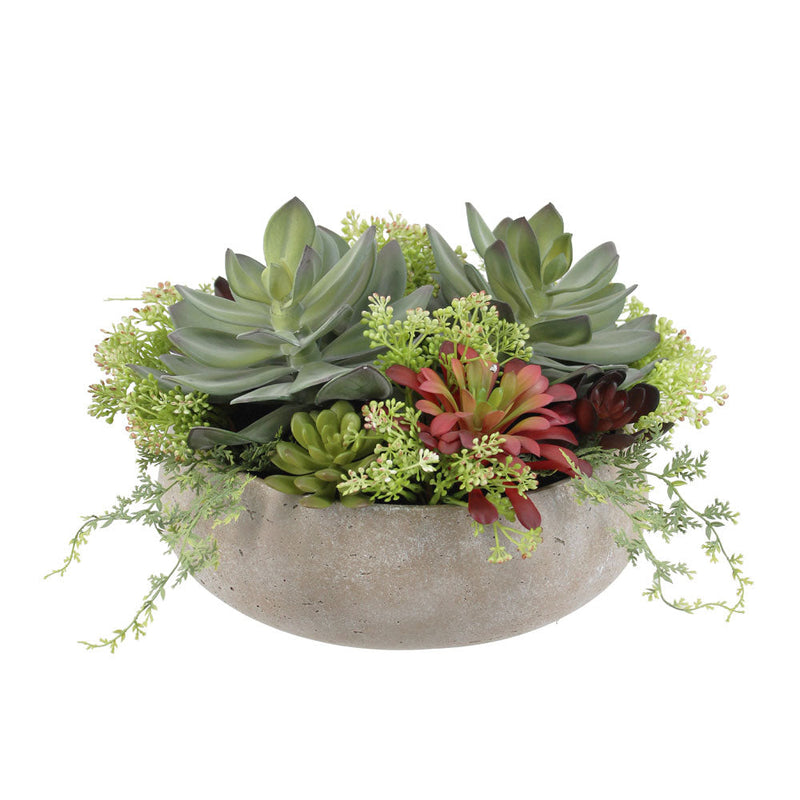 Round artificial succulent arrangement in natural planter